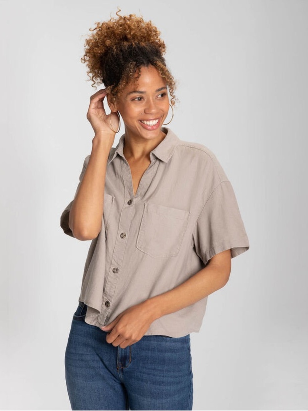 Moa Moa Taupe Short Sleeve Button-Front Crop Shirt